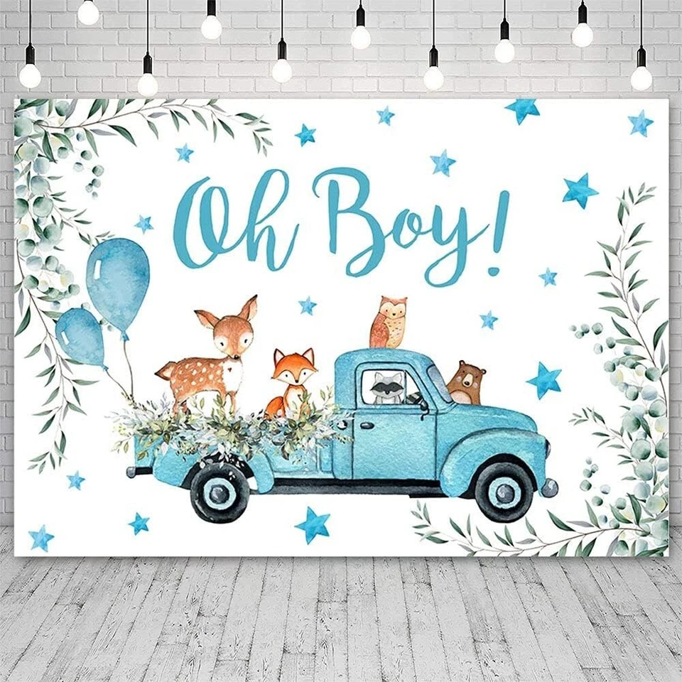 Telón de fondo para baby shower con tema Woodland - globos azules para camión y animales lindos - 7x5 pies Foto 4 de 4