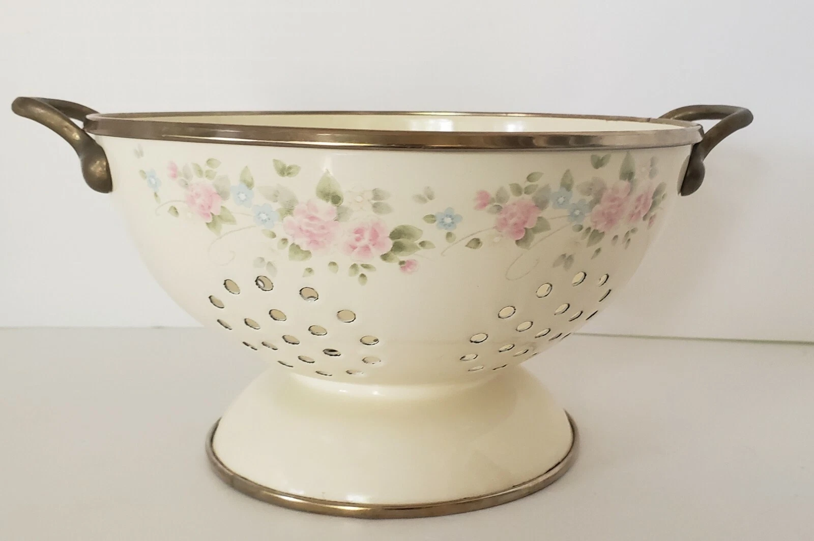 Vintage Enamelware Cream Colander/Strainer W/ floral pattern and Brass Handles