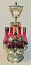 Antique Racine SilverPlate 6 Pc Cruet Set, Cranberry Thumb Print Cruet Set, 1875