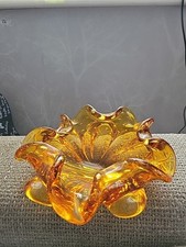 Murano Large Amber Organic Form Flower Bowl Bubble Mid Century Cigar  60s Retro 