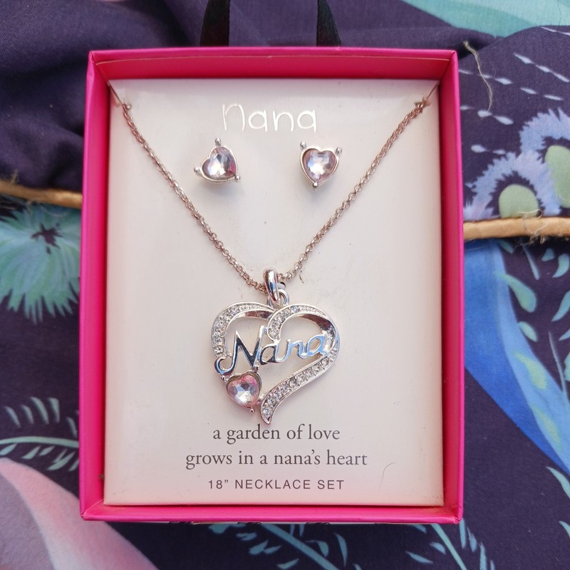 Nana Heart Silver Necklace & Earrings Jewelry Set