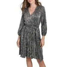 NWT $139 Halston Silver Metallic Pleated Midi Dress LS Belted V-Neck SZ 8