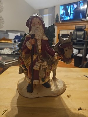 Father Christmas With Donkey Ceramic Figurine Hand Painted 9'' Tall