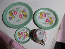 4 Vtg OHIO ART Tin Kids Play Plates/Cup Light Green w/ Floral Design 3 Sizes