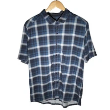 Kuhl Shirt Mens Large Black Blue Plaid Short Sleeve Button Up Organic Wildfibre