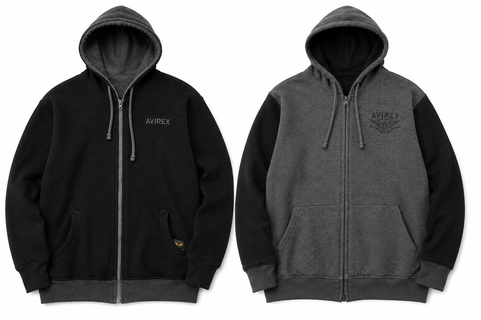 Avirex Reversible Thermal Full Zip Hoodie Men’s 2XL Gray Black Waffle Knit