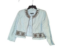 Jessica Howard Light Blue Embroidered Open Front Jacket Size 10