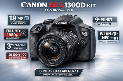   Canon EOS 1300D | 18MP DSLR KiT 18-55mm IS II - WLAN NFC FHD Kamera Camera  