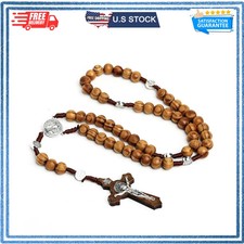 Handmade Wooden Bead Rosary Necklace with St Benedict Crucifix Catholic Pendant