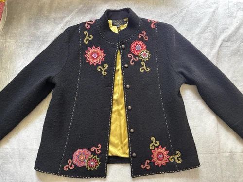 Lovely Icelandic Design Black & Floral Button Up Sweater Cardigan 100% Wool XL