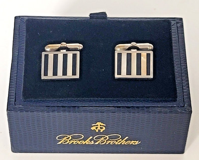 Brooks Brothers Sterling Silver 925 Black Stripe Cufflinks Original Box MOP CB35