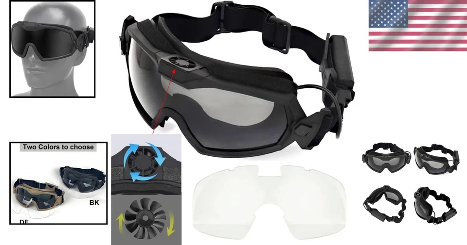 Gafas de Airsoft negras duraderas con ventilador y lentes intercambiables ahumadas/blancas Foto 2 de 4