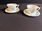 Hazel Atlas Kitchen Aids Vintage Milk Glass Cup Mug  Saucer Turquoise Aqua Set/2