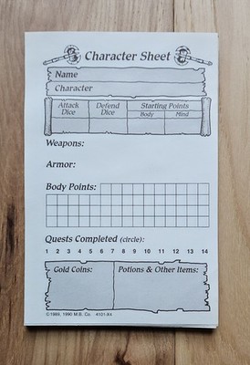 HeroQuest Character Sheet Pad (1990, Milton Bradley) USED