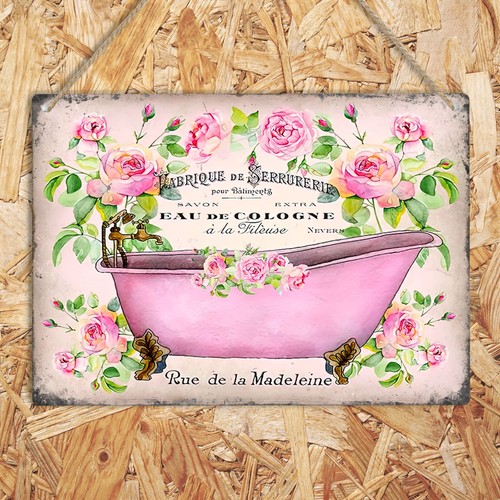 French Vintage Shabby Chic Bathtub Metal Sign Retro Style Bathroom Wall Plaque - Picture 6 of 17
