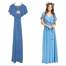 Show Me Your Mumu Audrey Maxi Dress Slate Blue Chiffon Ruffle Tie NWT Size XS