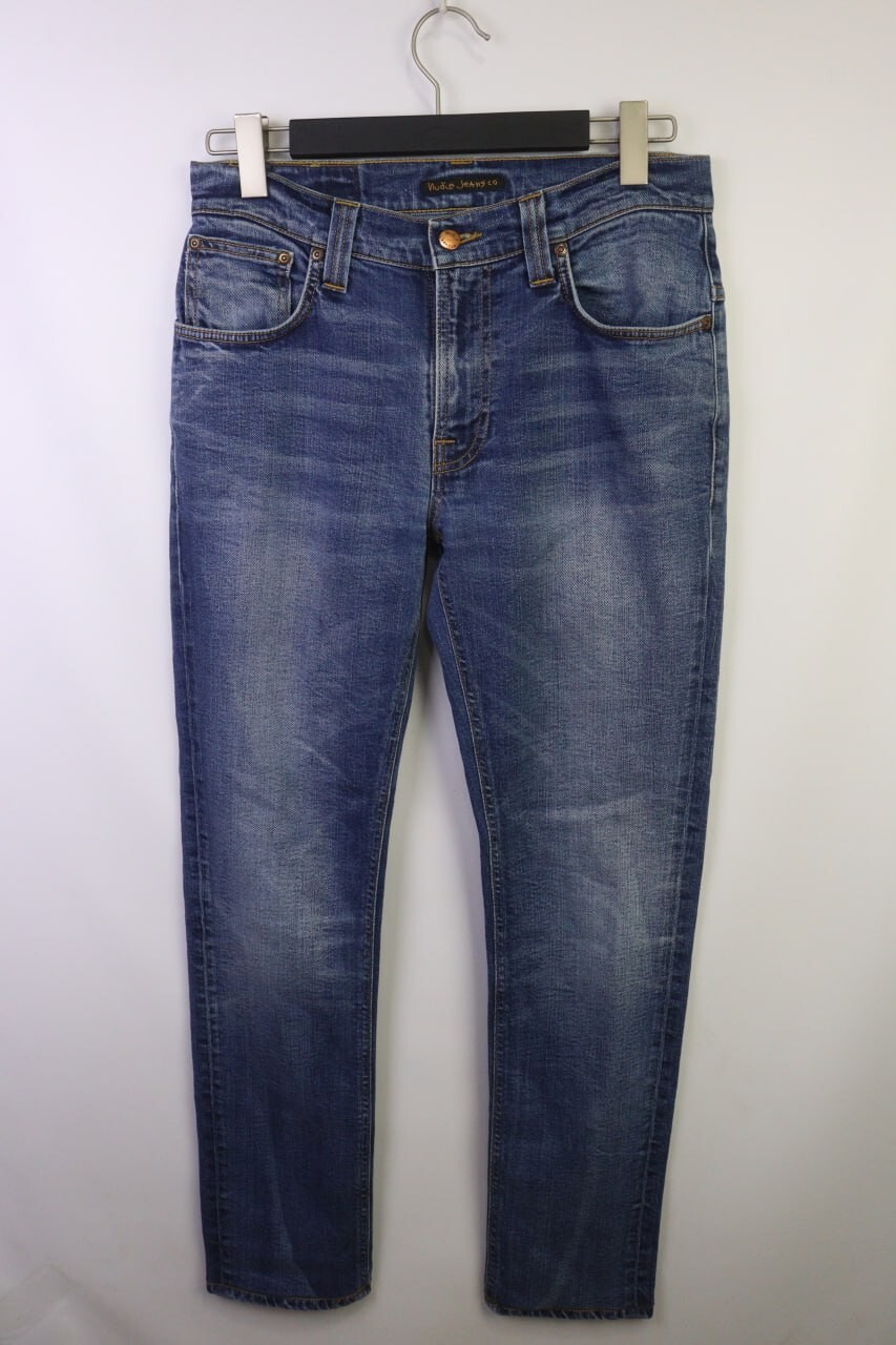 NUDIE THIN FINN Blue Stretch Wash Denim Slim Fit Jeans Size W32 L34 Zip Fly