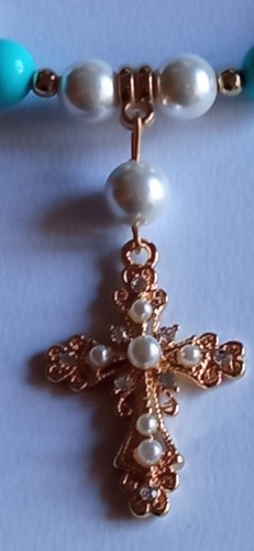Collana perle irregolari di fiume+perle di majorca+tondi pasta di turchese+croce - Picture 11 of 16