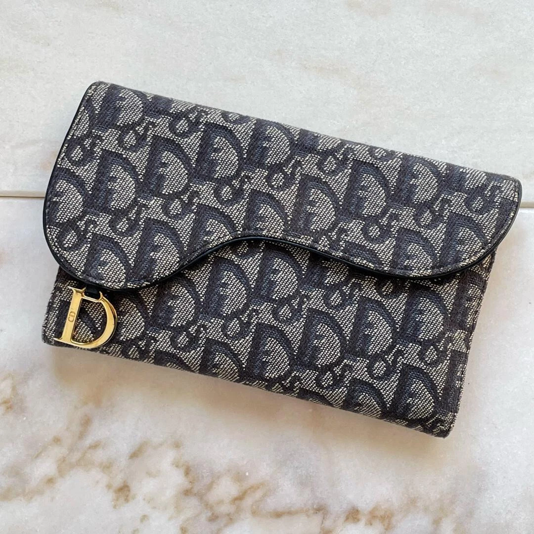 Christian Dior Trotter Selle Portefeuille Long Portefeuille Tri Pli Toile Cuir