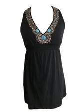 American Rag CIE Black Boho Hi Lo Sleeveless Dress Medium Embellished Neckline