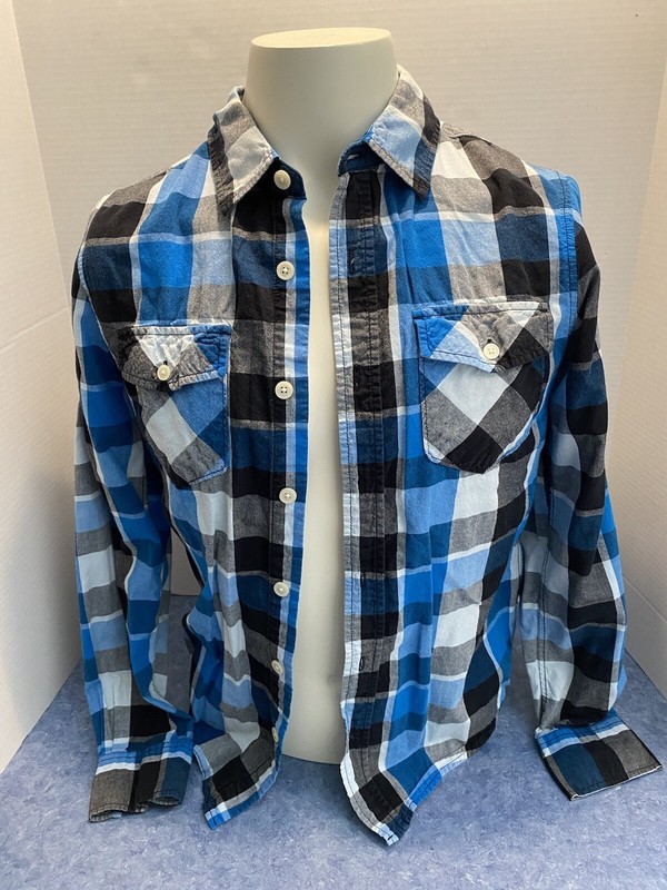Mens Warp And Weft Small Black Blue Plaid Long Sleeve Button Up
