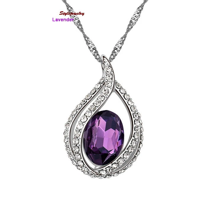 Silver Amethyst Purple Teardrop Wedding Necklace Made With Swarovski Crystal N10 Foto 2 de 4
