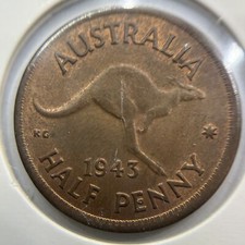 1943 Half Penny Coin - Uncirculated Red - George VI Predecimal Australian