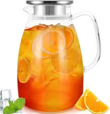 68oz Glass Water Pitcher with Lid Borosilicate Jar Hot Cold Drinks Easy Clean