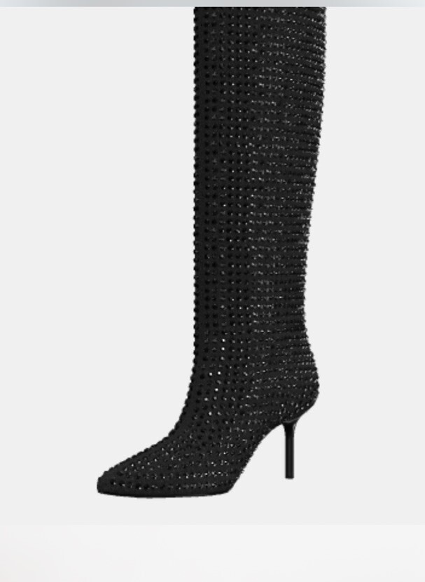 Zara Rhinestone Denim Knee High Heel Boots, Black, UK 6/EU 38