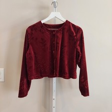 Vtg Embossed Velvet Cardigan M/L Deep Red Long Sleeve Button Up Romantic Goth