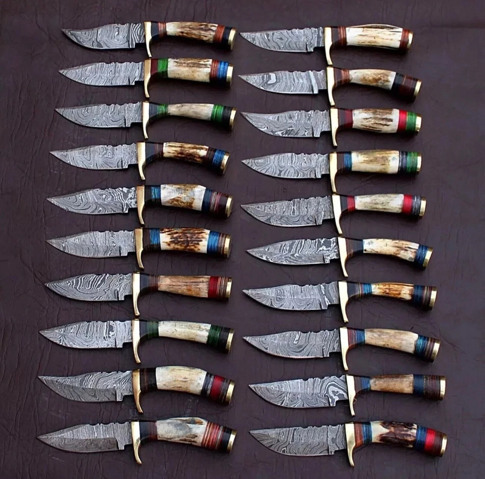 Lot of 20Pcs Custom Handmade Damascus Steel 6" Thick Stag Horn Knives W/Sheaths. - Image 2 of 4
