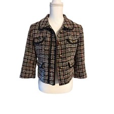 Express Wmns Multicolor Tweed Cropped Jacket Gold Crest Button Blk Trim Lined M