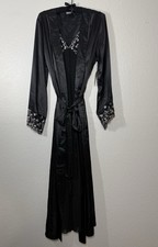 Valerie Stevens Satin Black Lace Embroidered Robe Gown Set Floral Long Sleeve L