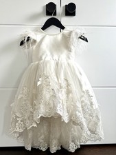 ITTY BITTY TOES Elegant White Dress with Feathered Shoulders and Lace Detail