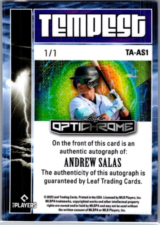 2025 Leaf Andrew Salas Optichrome Baseball Black 1/1 Auto view 2