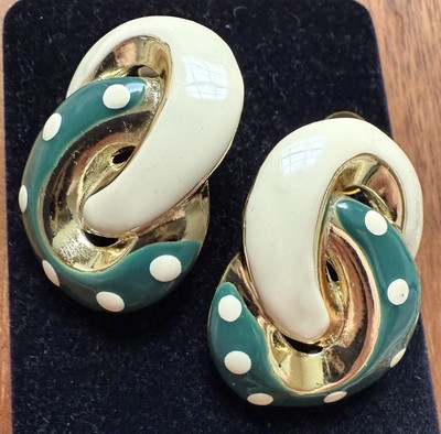 Don-Lin Vintage Earrings Green & White Enamel Gold Tone Chunky Polka Dot 80s