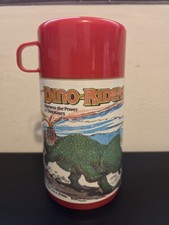 Termo vintage Dino-Riders con taza y tapa roja 1988 Aladdin