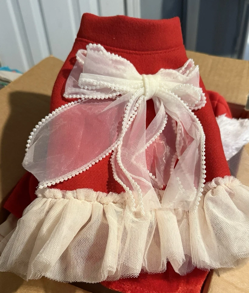 Маленькое домашнее животное девочка собаки красный зимний теплый флис жемчуг кружева рождественское платье костюм S - Изображение 2 из 4