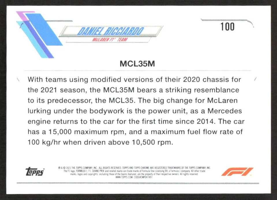 DANIEL RICCIARDO 2021 TOPPS CHROME FORMULA 1 RED GREEN REFRACTOR #100 RENAULT - Image 2 of 3