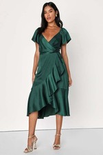 NWT Lulu’s Serene Sight Emerald Green Midi Wrap Dress Ruffle Women’s Large