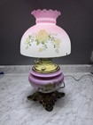 B&H GWTW Vintage Floral Pink White Glass Hurricane Lamp Electric Converted