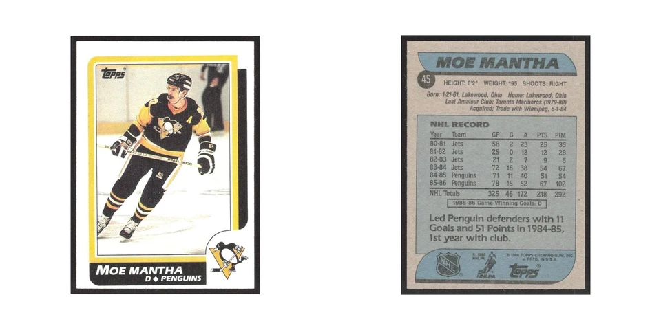 1986 Topps Moe Mantha Pittsburgh Penguins #45 - Image 3 of 3