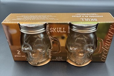 Circleware Skull Jar Clear  Glass Salt & Pepper Shakers Mini With Handle