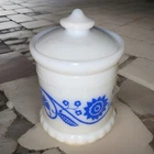 Vintage Hazel Atlas Milk Glass Jar With Lid, Blue Floral Design Small Sugar