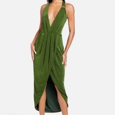 Bebe green halter v neck faux wrap sleeveless slinky dress size Small