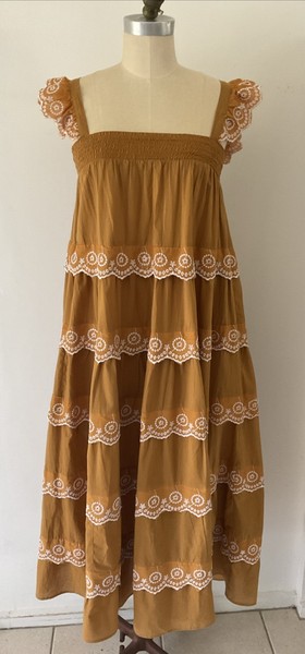 Kings Road Sz S-M Maxi Cotton Mustard Sundress Embroidered Tiered Ruffle Straps