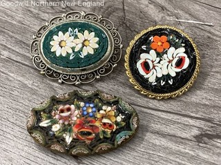 Costume Jewelry Pin Brooch Lot Of 3. w. Micro Mosaic Floral Styles 1" & (2) 1.5"
