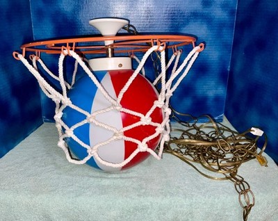 Vintage Globetrotter Style Basketball Hoop & Ball Ceiling Mount Light Fixture