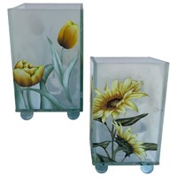 Set Of 2 Floral Glass Votive Candle Holders, Sunflower & Yellow Tulip