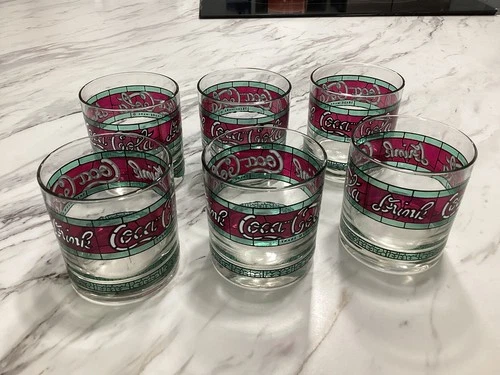Vintage Set of 6 Coca Cola Tiffany Style Rocks Glasses Nice!!!